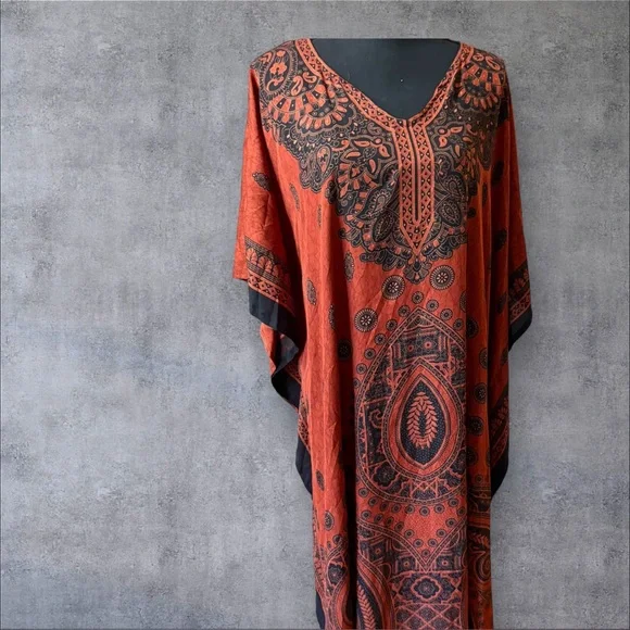 Sante Classic Elegant Orange and Black Kaftan Dress - Picture 2 of 6